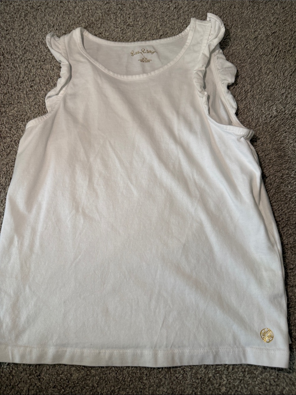 Lilly Pulitzer White Ruffle Sleeve Tank with Gold Emblem